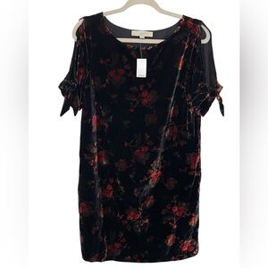 NWT LOFT Velvet Floral Shift Mini Dress Size SMALL Open Tie / Cold Shoulder‎